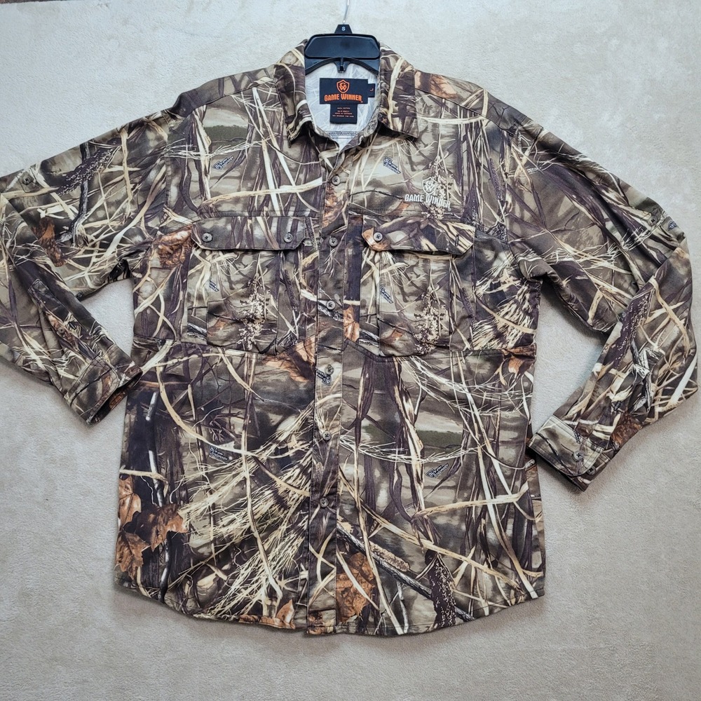 Game Winner Camo Button Up Shirt Hunting‎  Advantage MAX-4 HD L Missing Button